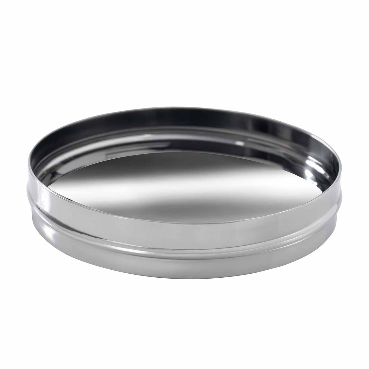 Angled top view of Mulberry soap dish showcasing polished silver stainless steel finish and debossed trim with white background