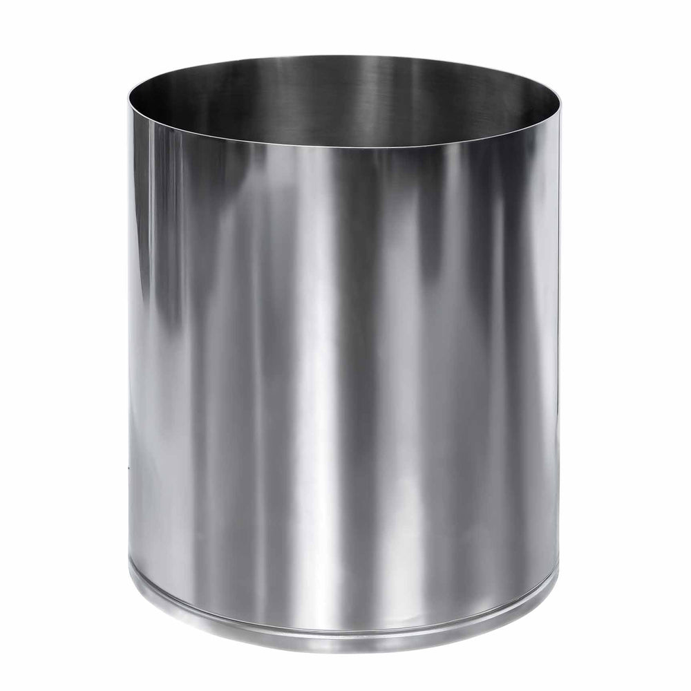 Front view of Mulberry waste basket showcasing polished silver stainless steel finish, cylindrical silhouette, and rounded protective bumper on white background