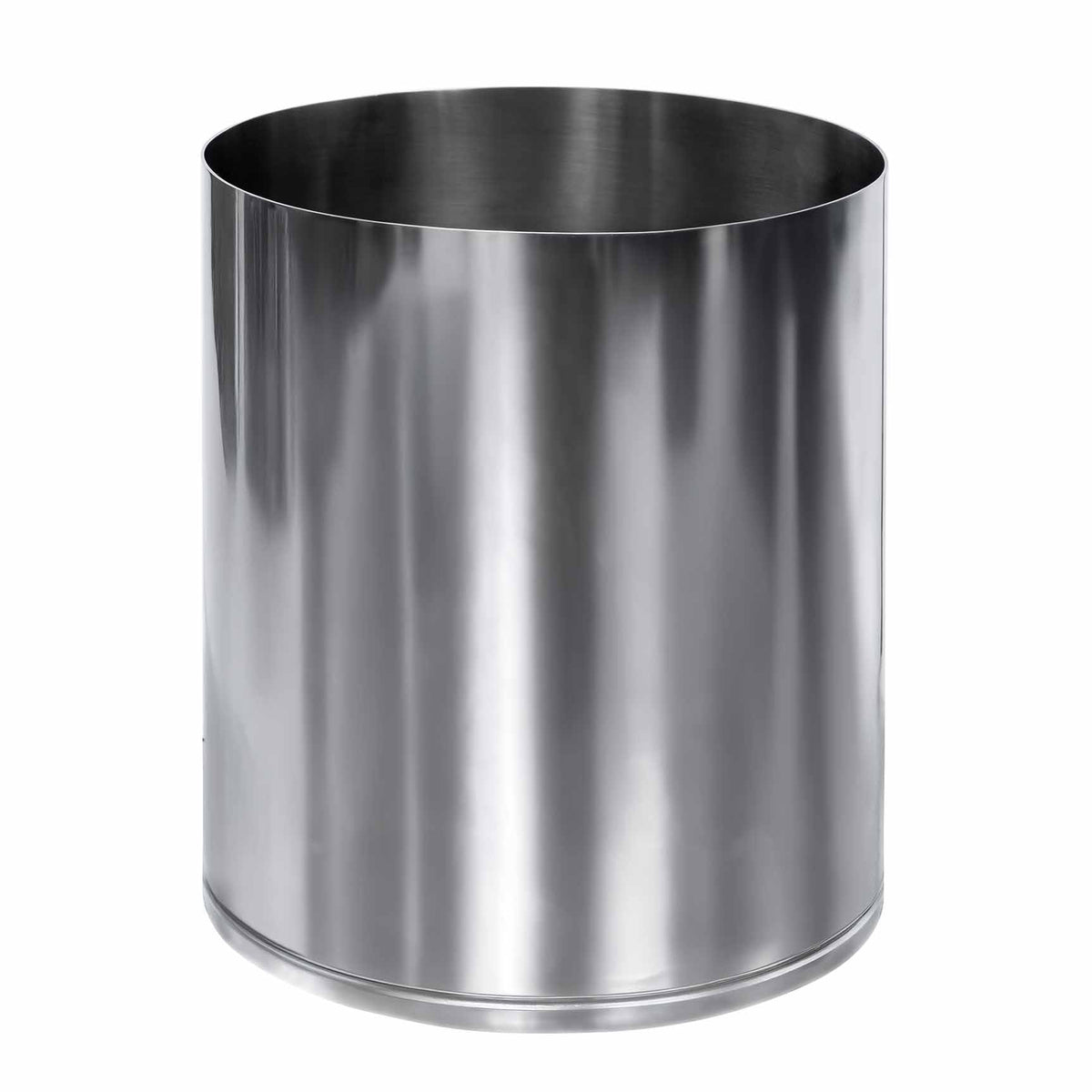 Front view of Mulberry waste basket showcasing polished silver stainless steel finish, cylindrical silhouette, and rounded protective bumper on white background