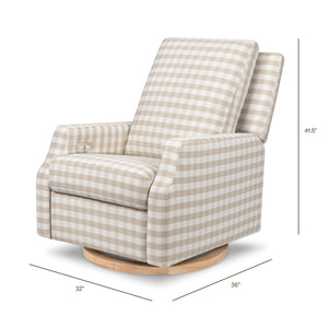 Crewe Electronic Recliner and Swivel Glider in Tan Gingham with Light Wood Base