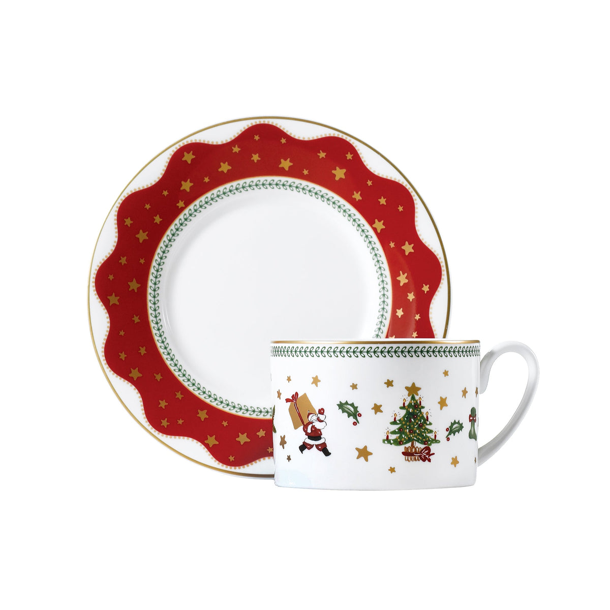 Front view of My Noel Tea Cup and Saucer showcasing red star borders, holiday decals, and gold accents with white background