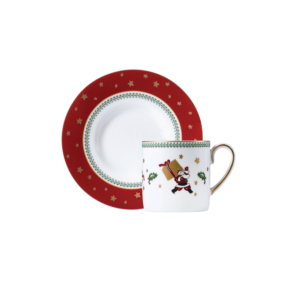 Front view of My Noel Espresso Cup and Saucer showcasing Santa decal, red star-patterned saucer, and gold trim on white background