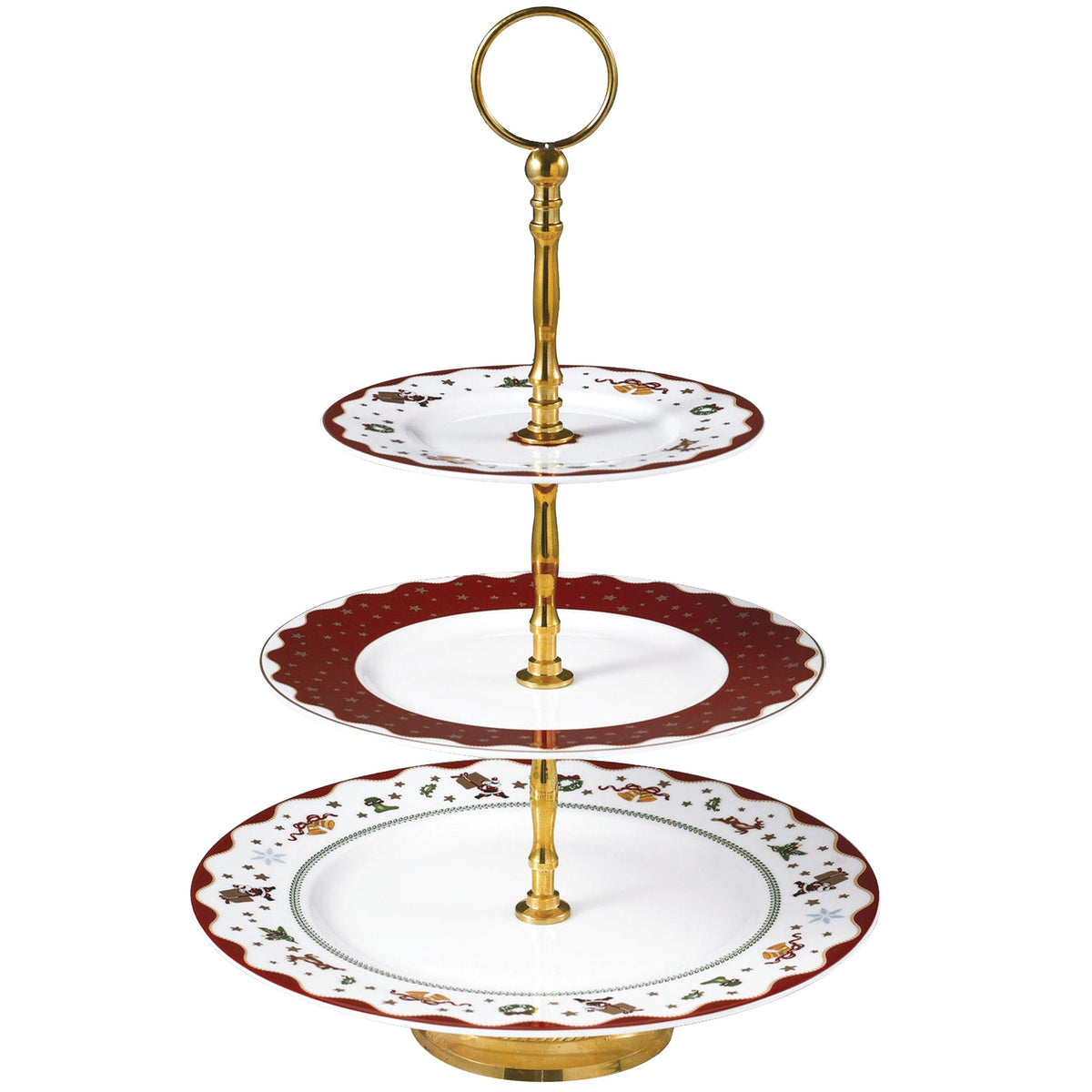 Front view of My Noel 3-tier cake stand showcasing white bone china plates with red and gold holiday trim and gold center post on white background