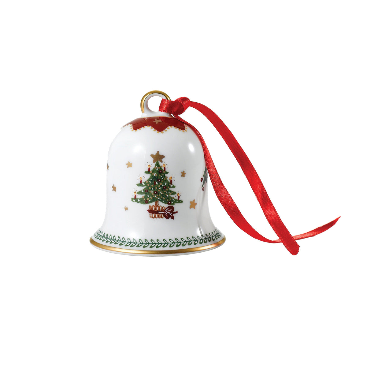 Front view of My Noel porcelain Christmas bell with hand-painted 24K gold trim, tree decal, and red ribbon on white background