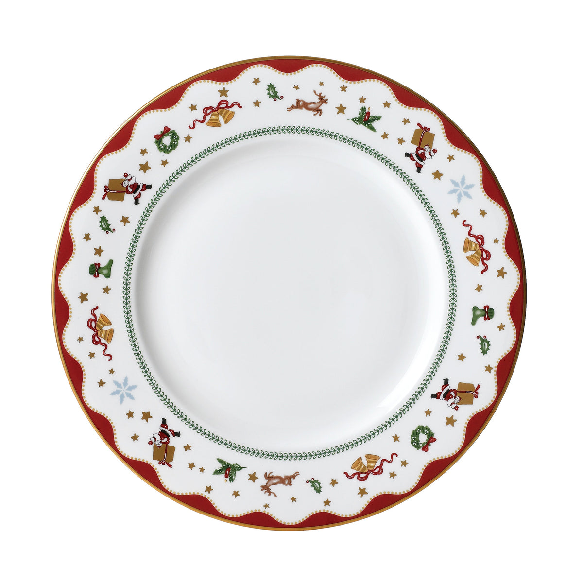 Overhead view of My Noel dinner plate with red scalloped holiday border, holly, wreaths, bells, reindeer and 24K gold rim