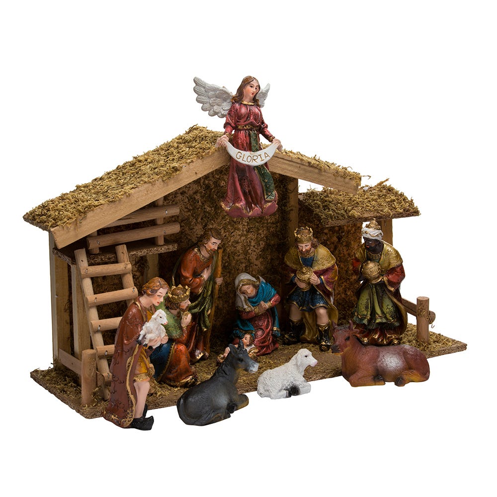 Nativity Figurines with Wooden Stable, Set of 12