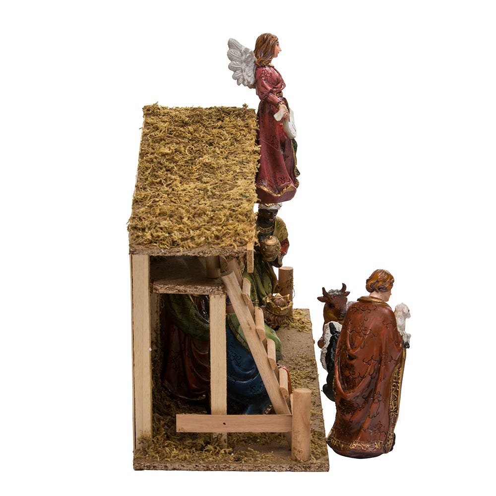 Nativity Figurines with Wooden Stable, Set of 12