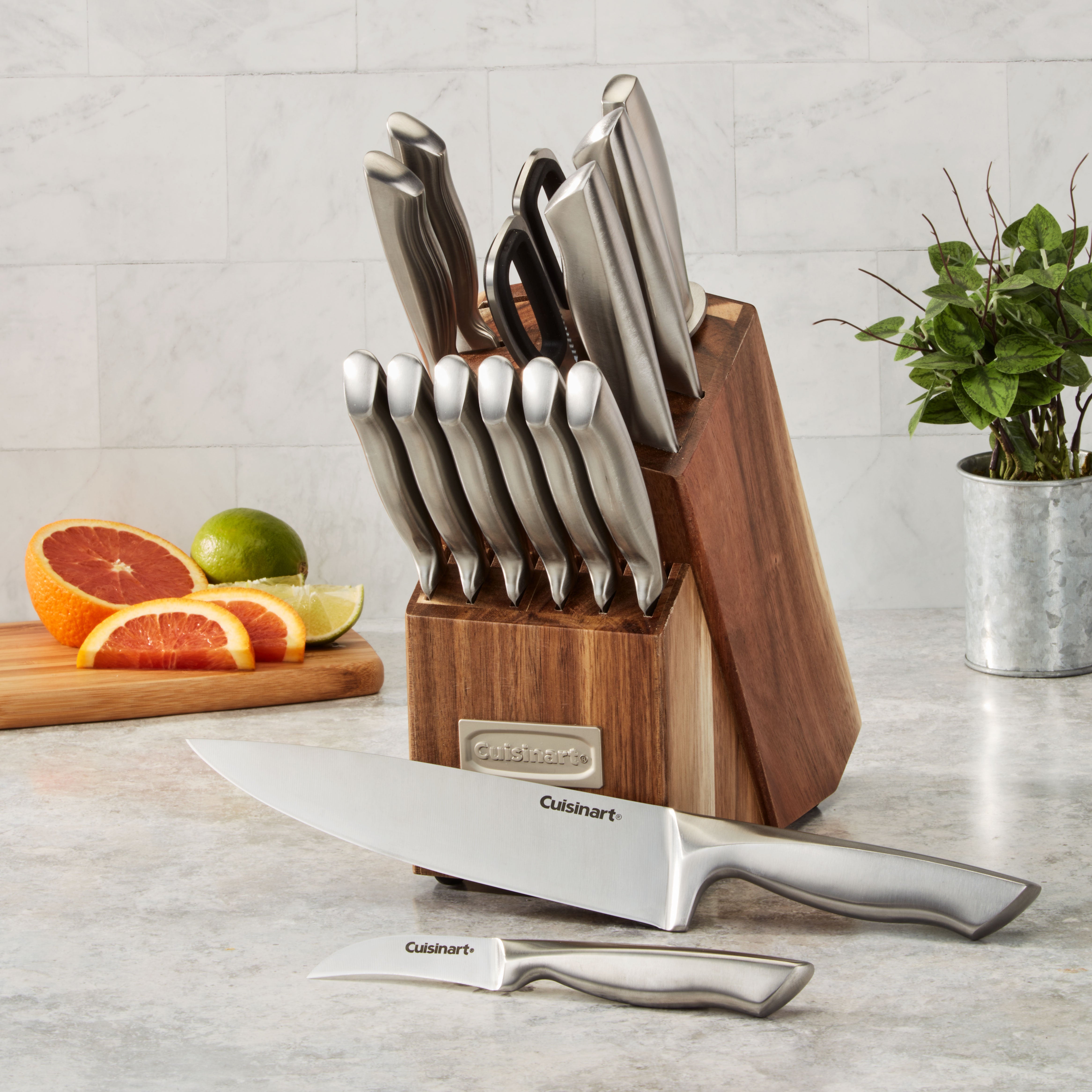 15-Piece Elite Series Stainless Steel Block Set with Acacia Block in Stainless Steel