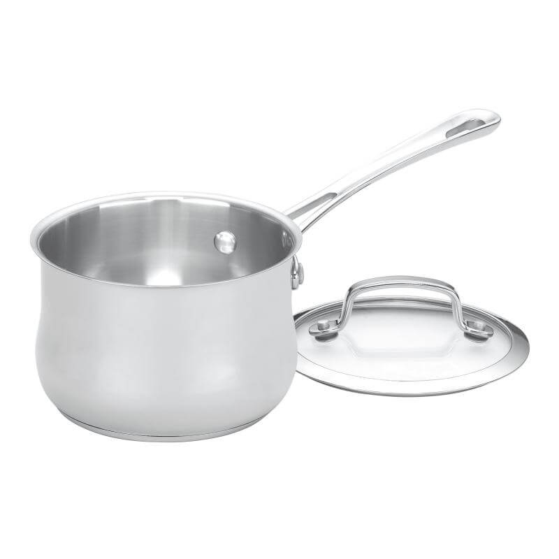 Angled view of Contour Collection 1 Quart Saucepan with Cover in Stainless Steel showcasing riveted handle and matching lid on white background