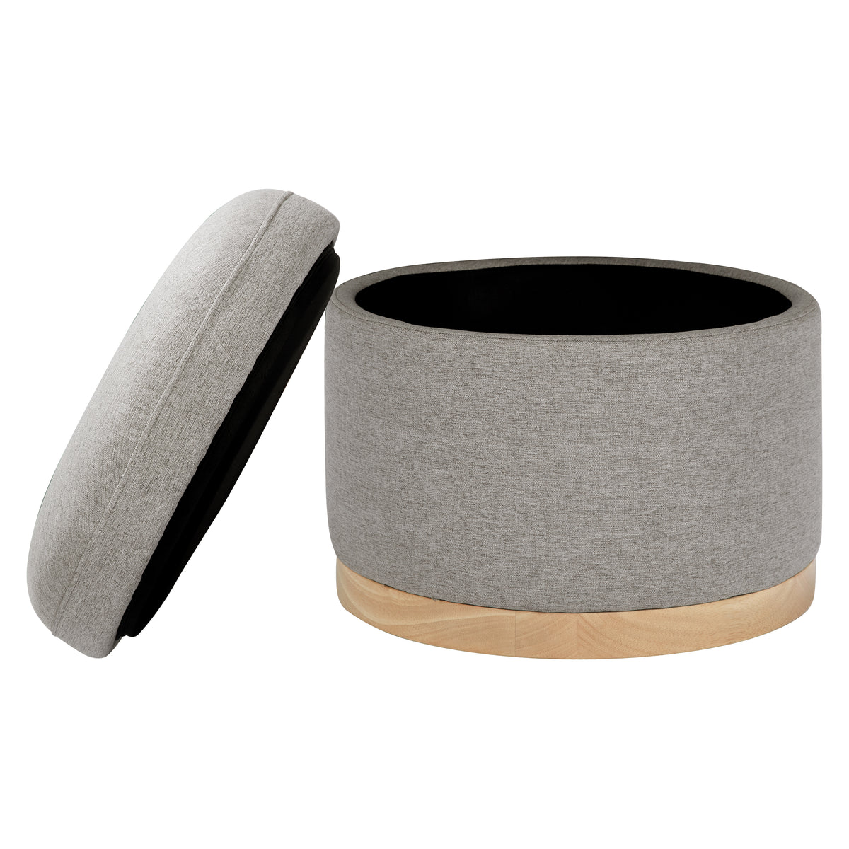 Close-up of Naka Storage Ottoman showcasing open storage, Performance Grey Eco-Weave upholstery, and light wood base