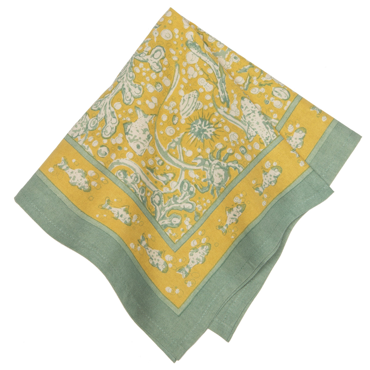 Close-up of La Mer Napkins Aqua and Citrine, set of 6 showcasing paisley print and aqua borders on white background