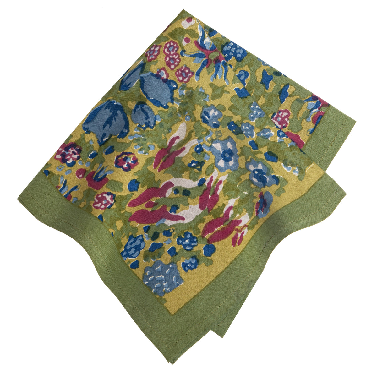 Close-up of Jardin Napkins Blue & Vert, Set of 6 showcasing a colorful floral pattern with a white background