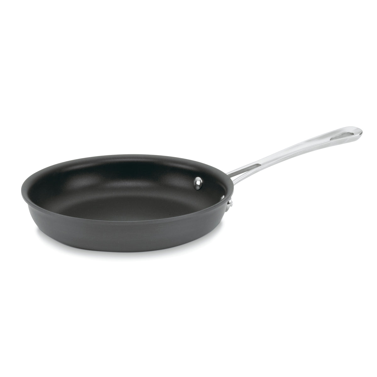 Front view of Contour 8-inch skillet showcasing black nonstick interior and stainless steel handle with white background