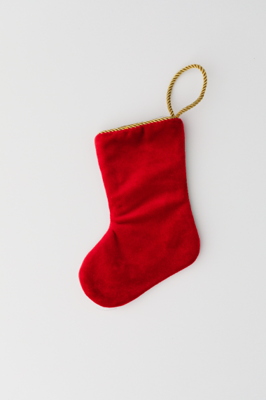 Back view of Cherries on Top needlepoint stocking with solid red velvet backing