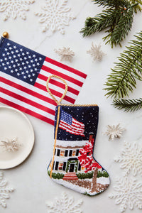 Bauble Stockings styled with American flag, pine branches, and winter decor
