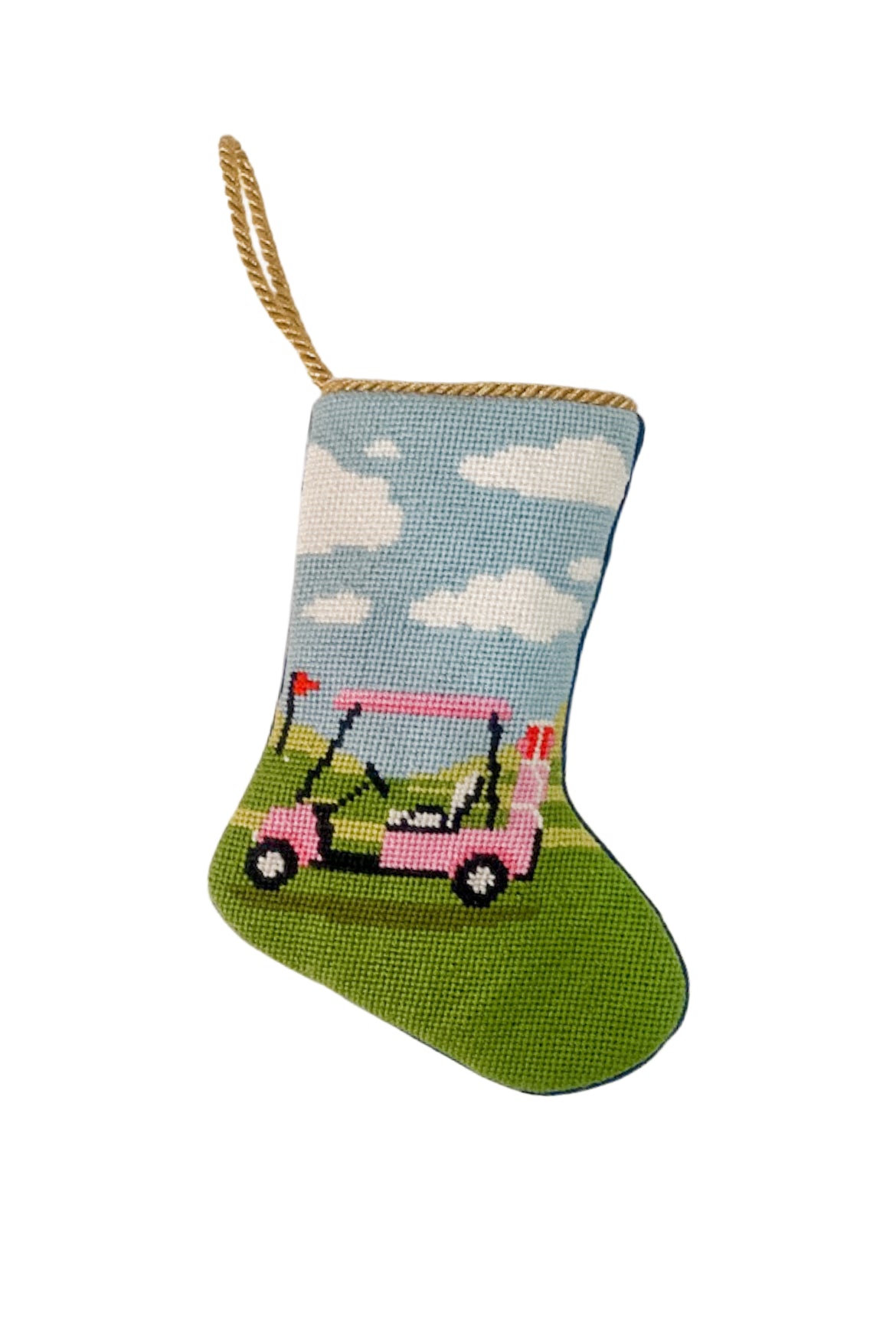 Par-Tee Time needlepoint stocking with pink golf cart on green fairway and blue sky with clouds