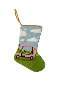 Par-Tee Time needlepoint stocking with pink golf cart on green fairway and blue sky with clouds