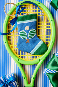 Bauble Stockings styled with green racket and festive blue accents