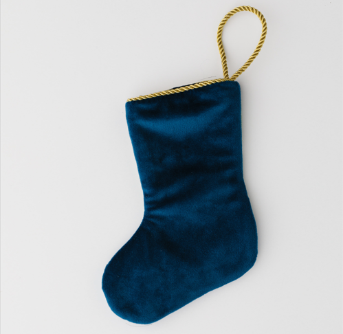 Back view of Rainbow Row Rendezvous in Charleston needlepoint stocking with solid navy blue velvet backing