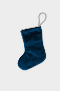 Back view of Sarah's Songbird needlepoint stocking with solid navy blue velvet backing