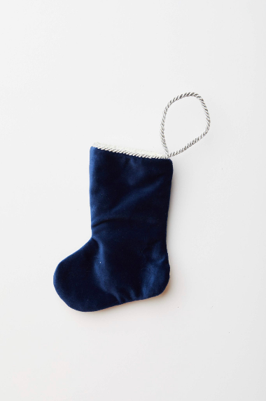 Back view of Sugary Sweet Treat in Toile needlepoint stocking with solid navy blue velvet backing