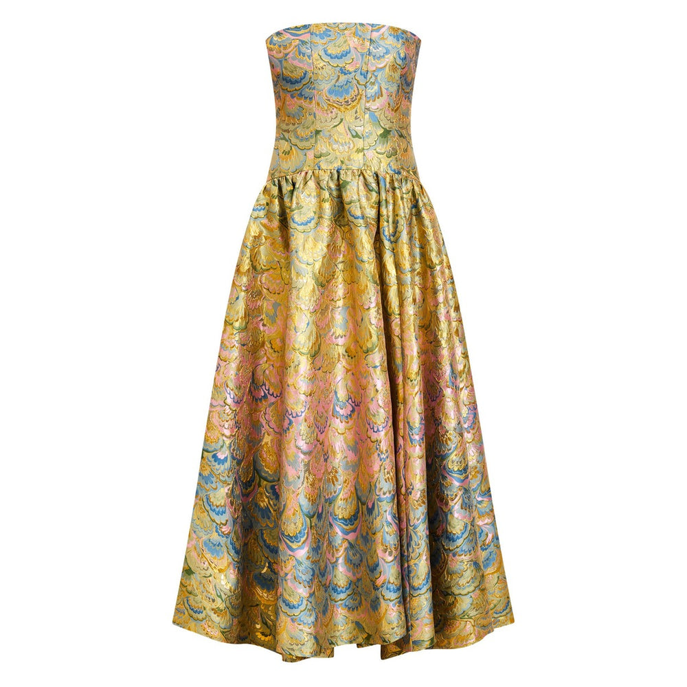 Front view of Nereida dropwaist gown in gilded marble showcasing strapless bodice and full patterned skirt on a white background