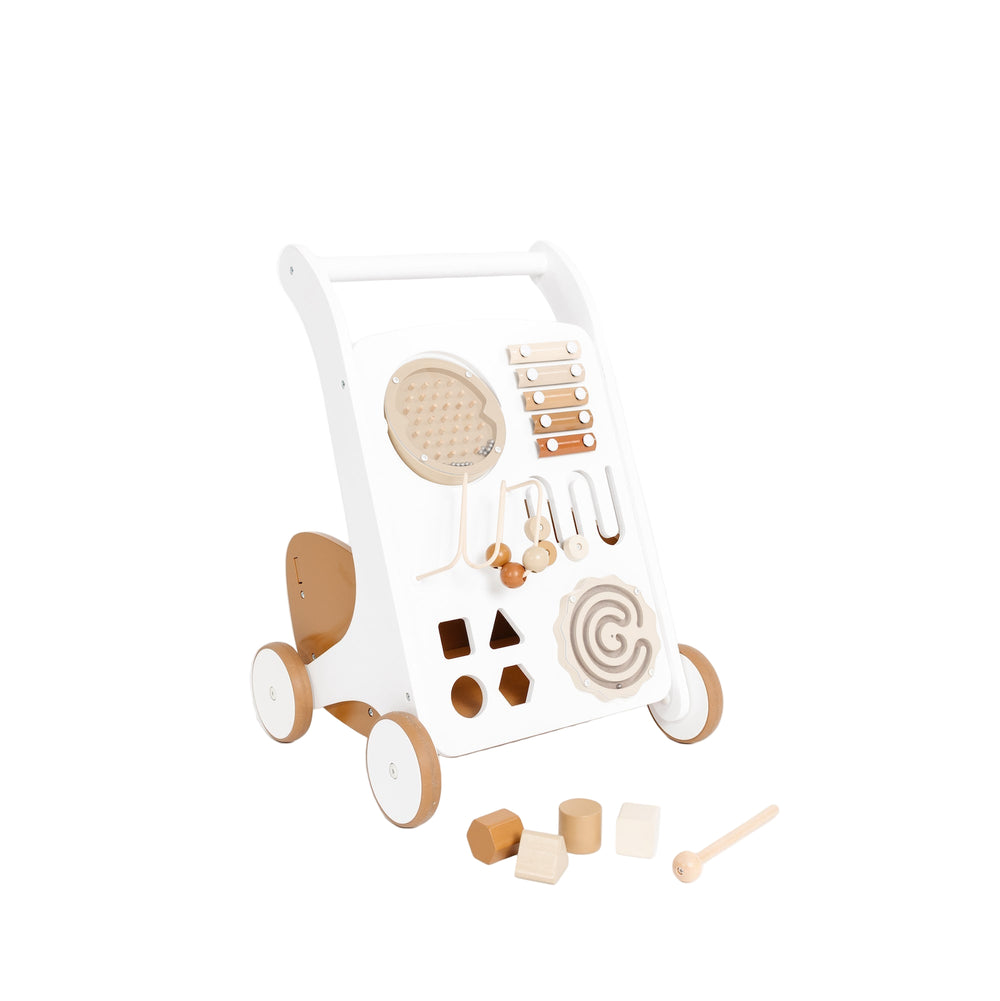 Angled front view of Activity Walker with shape sorter, bead maze, and xylophone on white background