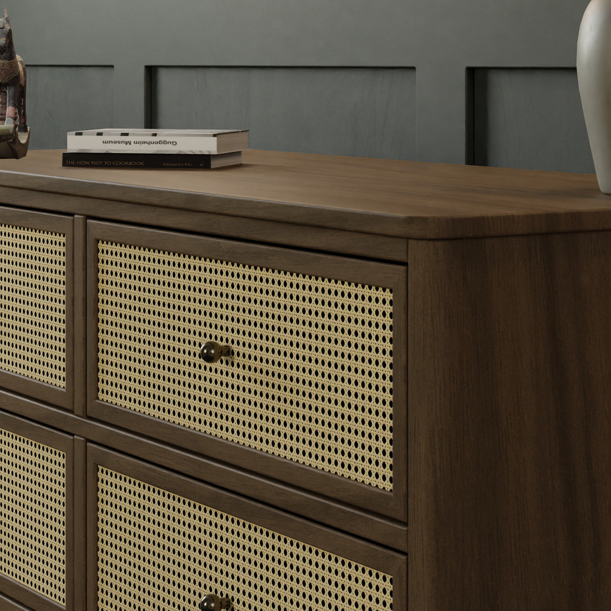 Marin with Cane 6 Drawer Assembled Dresser in Natural Walnut & Blonde Cane