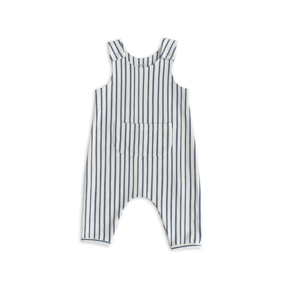 Front view of Stripes Away Ink Blue overall showcasing vertical navy stripes, front patch pocket, and snap-shoulder straps on white background