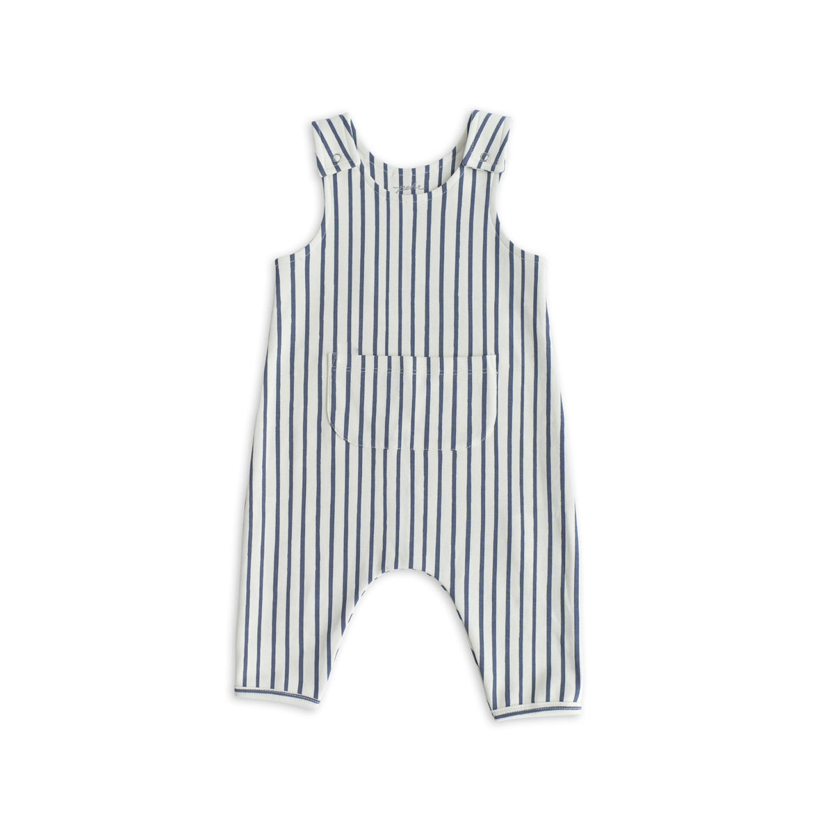 Front view of Stripes Away Ink Blue overall showcasing vertical navy stripes, front patch pocket, and snap-shoulder straps on white background