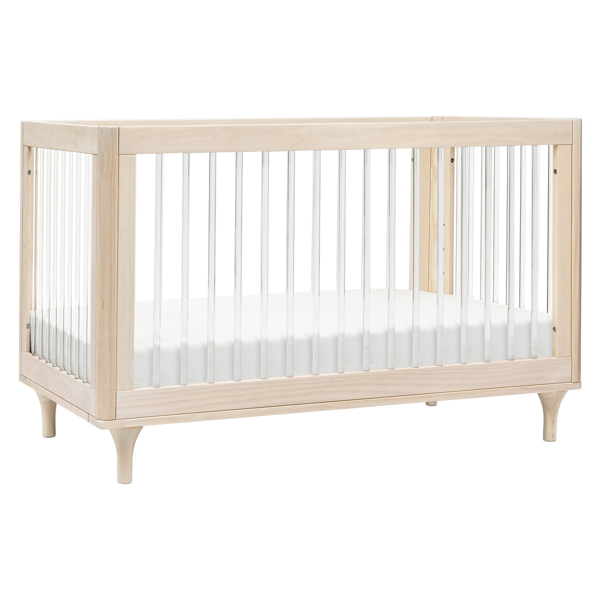Front three-quarter view of Lolly 3-in-1 convertible crib showcasing natural finish and acrylic panels against a white background