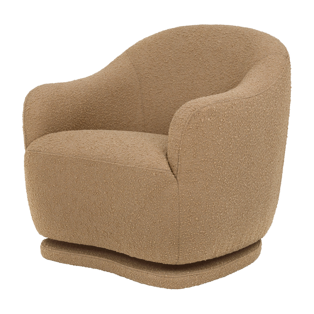 Front view of Foy Glider in Boucle in Sand Boucle showcasing curved silhouette and upholstered glider base