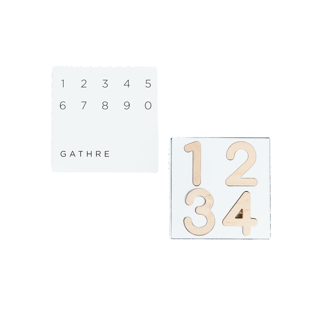 Front view of Play Wooden Numbers showing birch wooden numeral magnets in white box packaging on white background