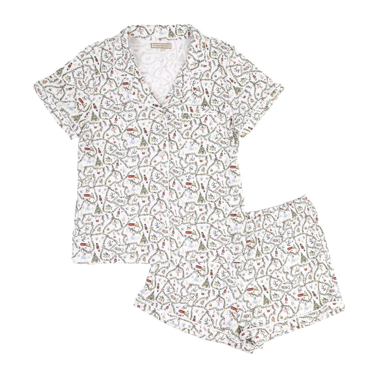 Front view of Women’s Nutcracker Suite Short Pajama Set showcasing its whimsical hand-painted holiday print on a white background