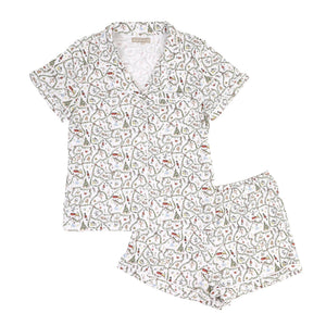 Front view of Women’s Nutcracker Suite Short Pajama Set showcasing its whimsical hand-painted holiday print on a white background