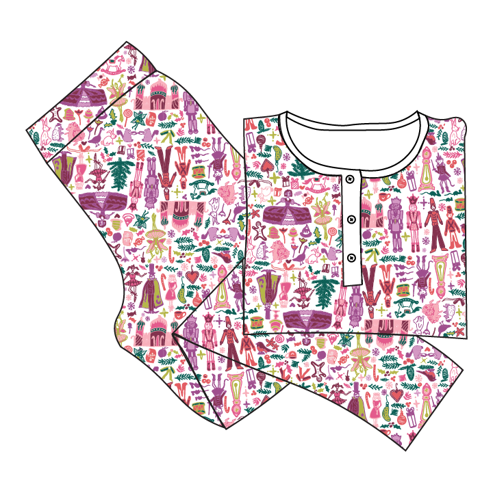 Flat lay of Nutcracker henley pajama set with button-front top and matching pants in pink print