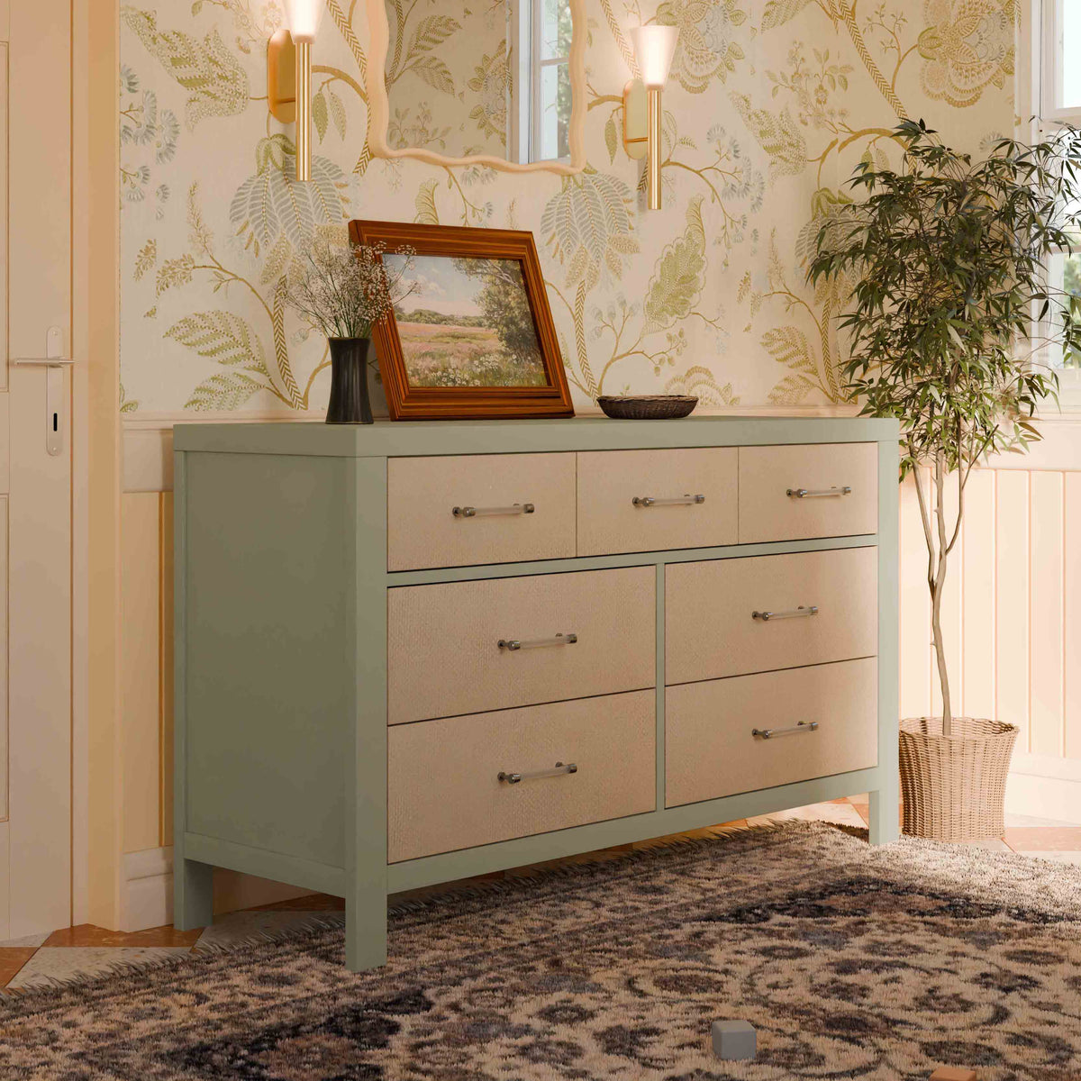 Eloise 7-Drawer Assembled Dresser in French Sage and Performance Sand Eco-Weave
