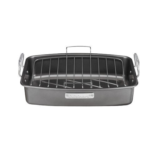 Front view of 17 by 13 inch nonstick roaster with removable V-rack and wide-grip handles on a black background