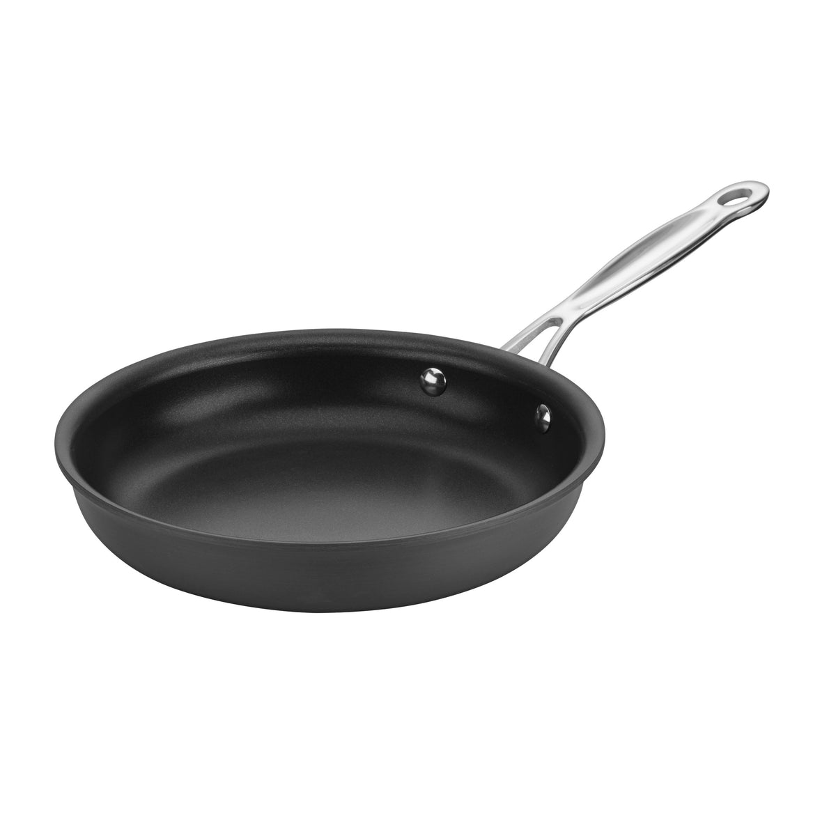 Angled view of Chef’s Classic 8 inch hard anodized nonstick skillet showcasing black interior and stainless steel handle