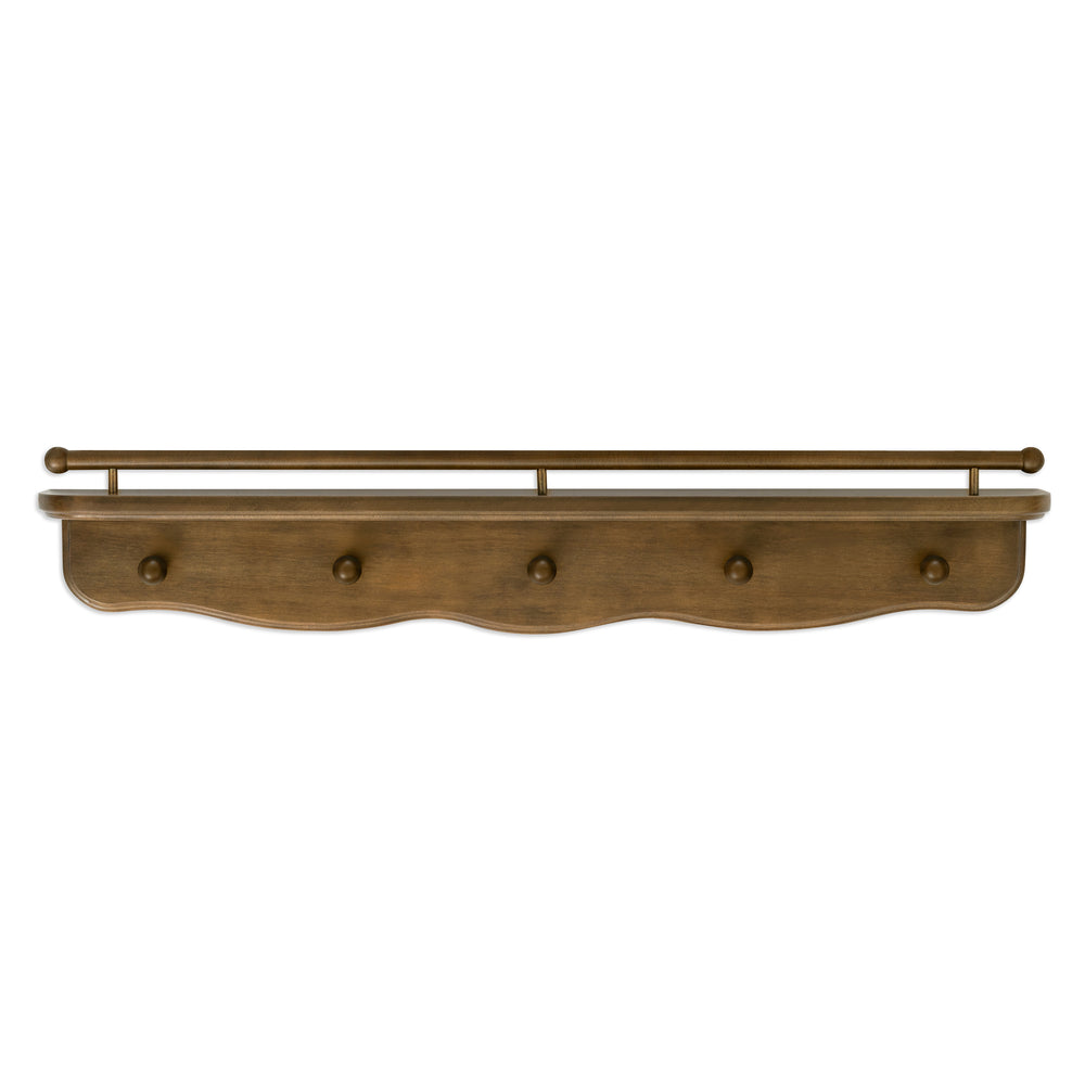 Front view of Liberty 31 inch wall shelf with hooks in natural walnut showing peg hooks, scalloped apron, and spindle rail