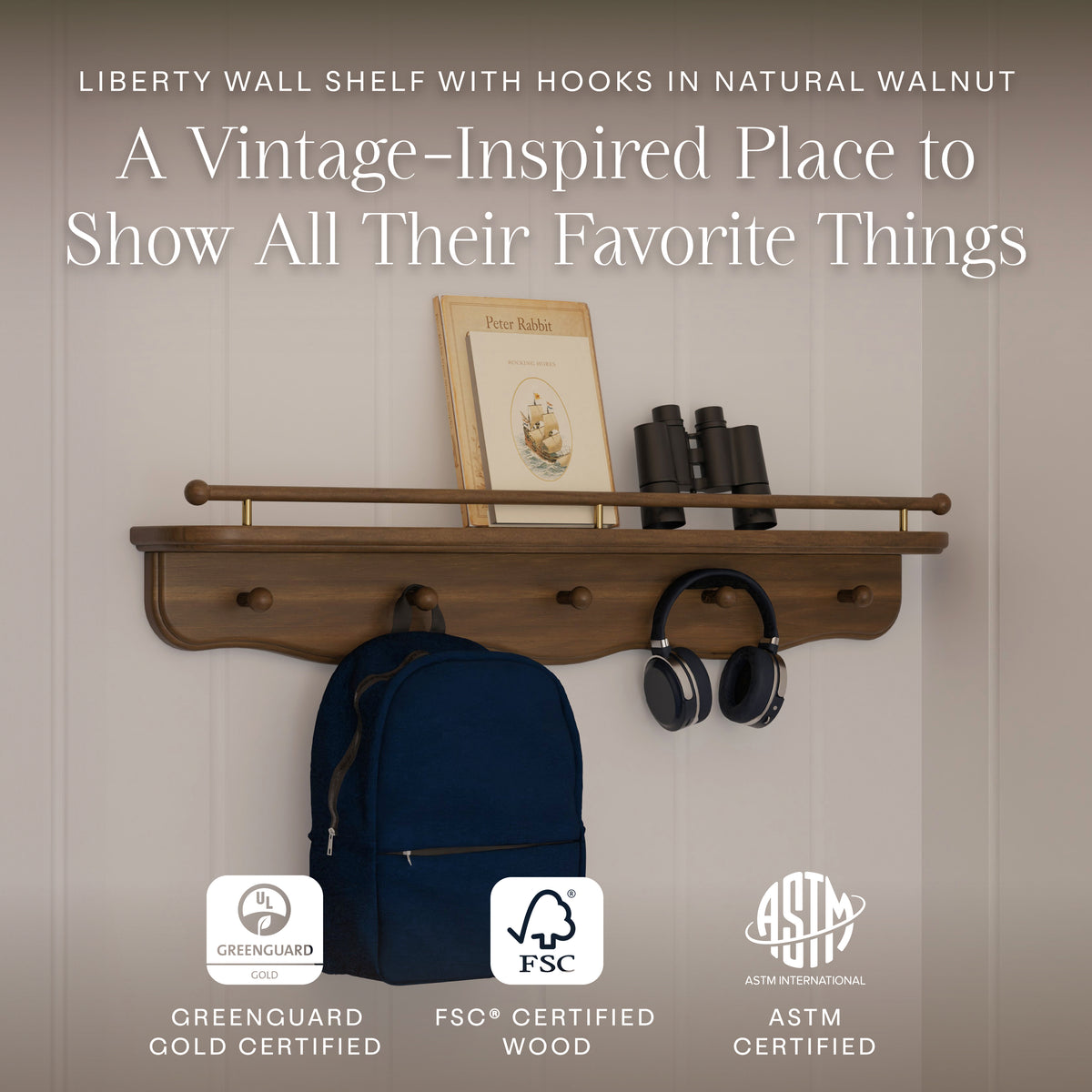 Liberty 31" Wall Shelf with Hooks in Natural Walnut