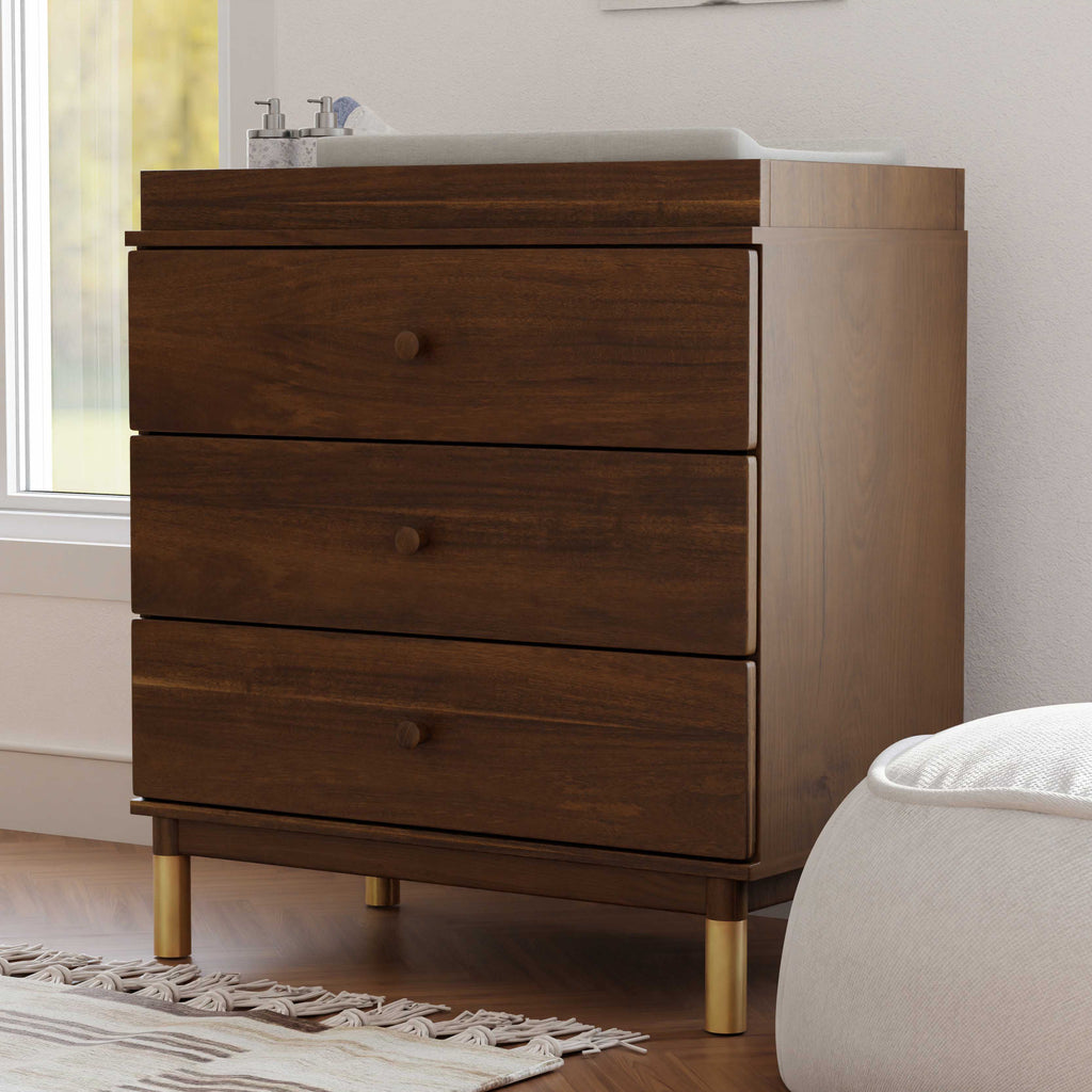 Gelato 3-Drawer Compact Changer Dresser with Removable Changing Tray (34") in Natural Walnut & Gold Feet
