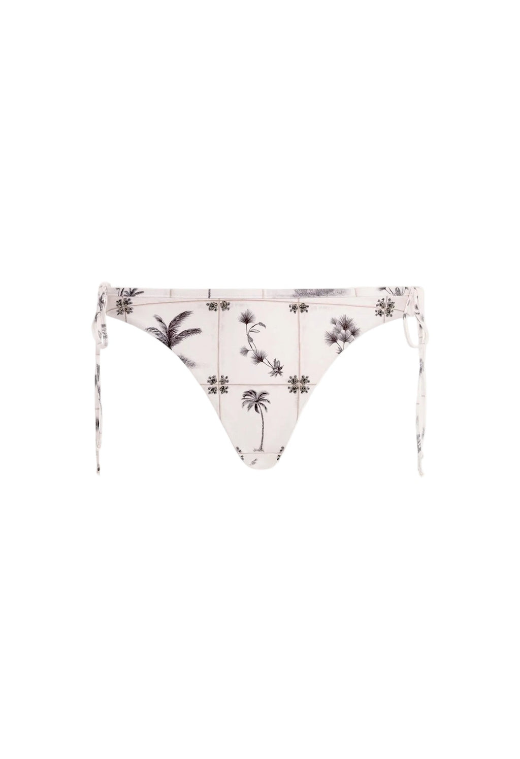 Front view of Ocaso Arena Bikini Bottom showcasing adjustable side ties and hand-embroidered botanical details on a white background