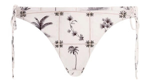 Front view of Ocaso Arena Bikini Bottom showcasing adjustable side ties, hip bows, and hand embroidery on white background