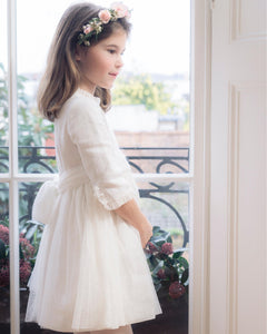 Octavie - White Flower girl Dress with 3/4 sleeves adorned with tulle