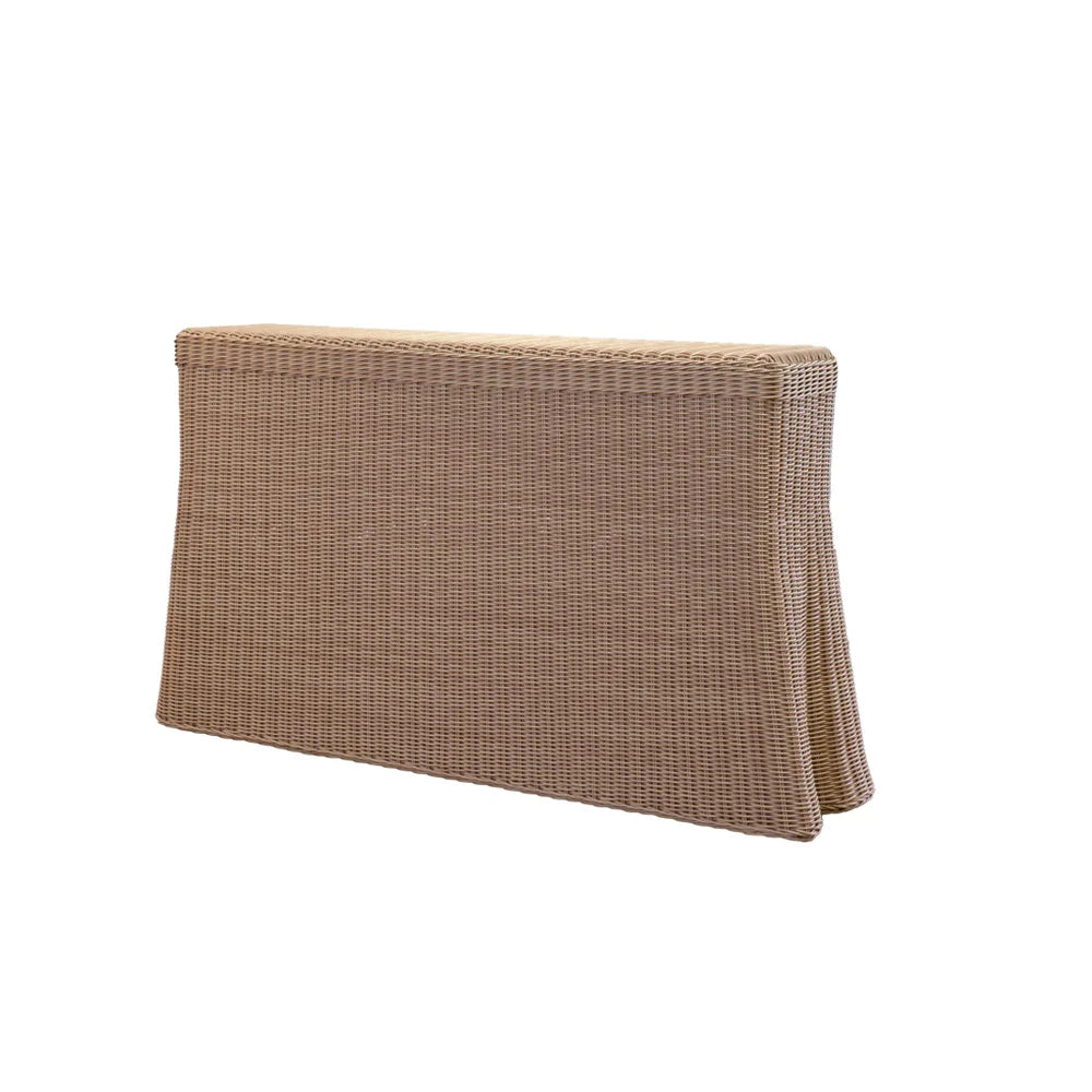 Front three quarter view of Outdoor Scallop Console 48 inch showcasing scalloped synthetic rattan weave on white background