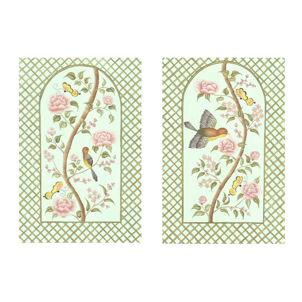 Front view of two silk chinoiserie panels showing birds and pink peony vines with green trellis border on mint background