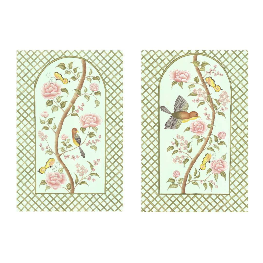 Original Chinoiserie Panels on Silk | Le Jardin De Elizabeth, Set of 2