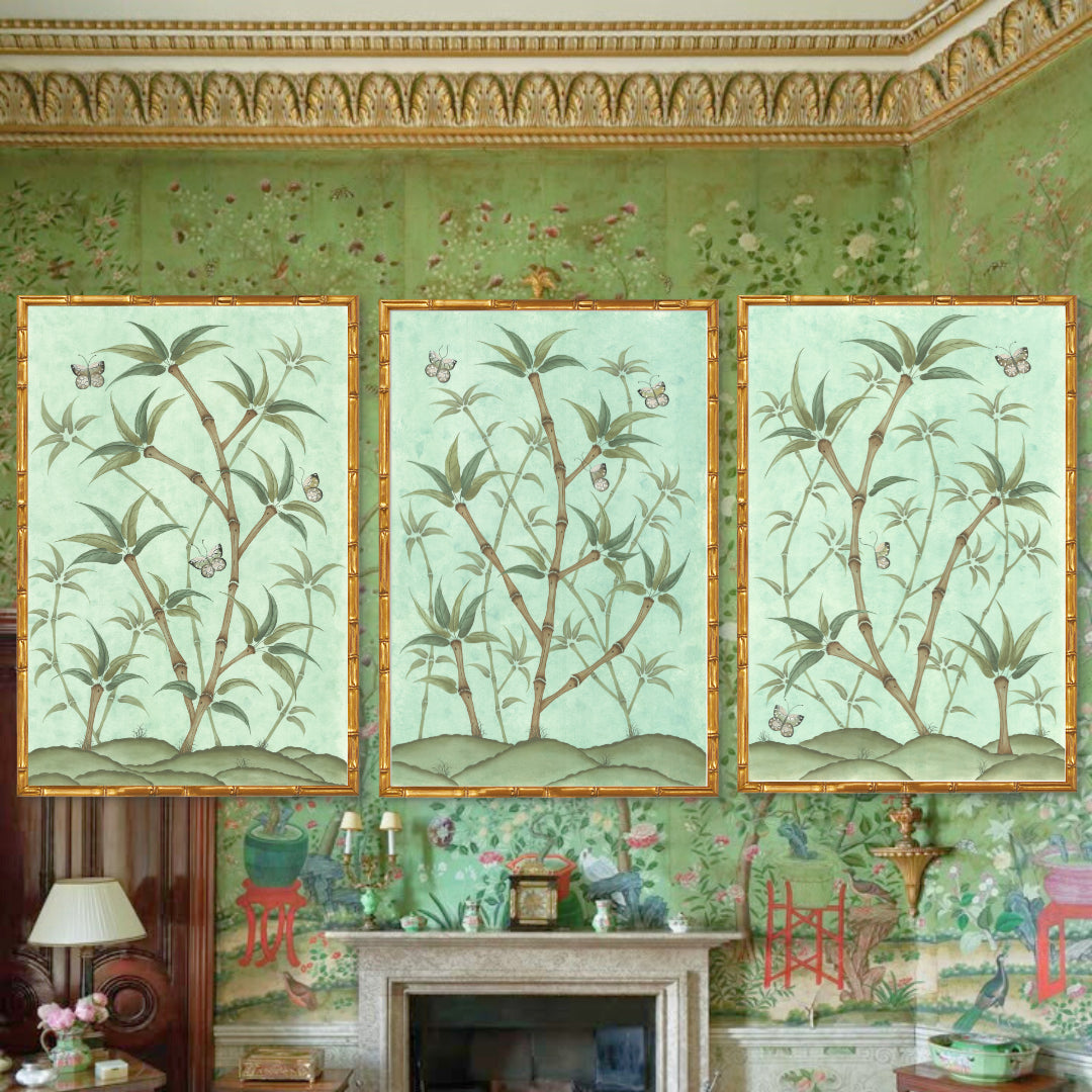Original Chinoiserie Panels on Silk Triptych | Bamboo En Fleur, Set of 3