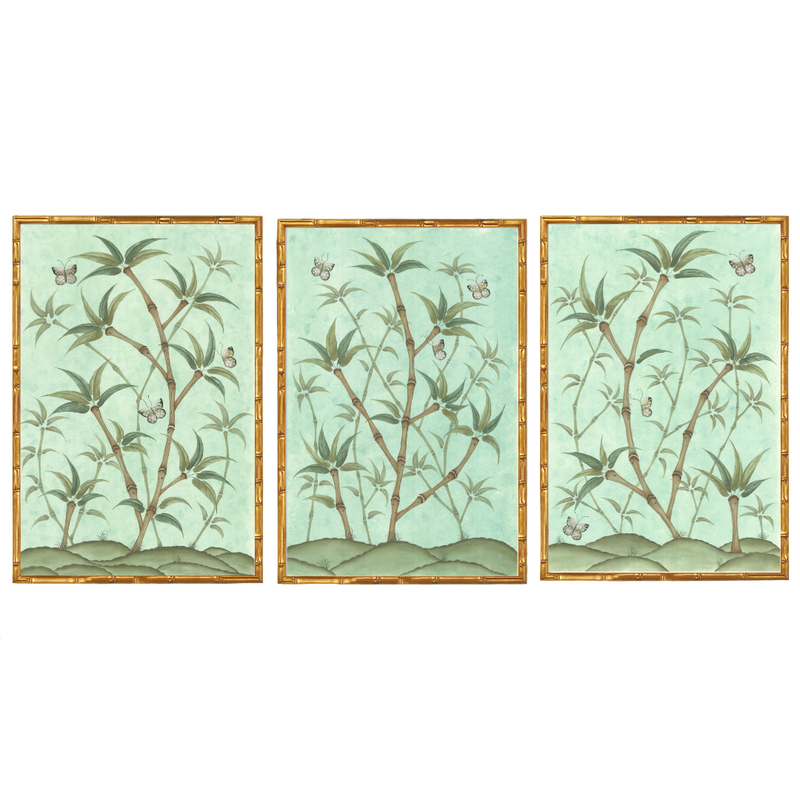 Original Chinoiserie Panels on Silk Triptych | Bamboo En Fleur, Set of 3